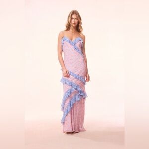 LoveShackFancy Rialto Re-Edition Floral Pink and Blue Ruffle Maxi Dress Size 2